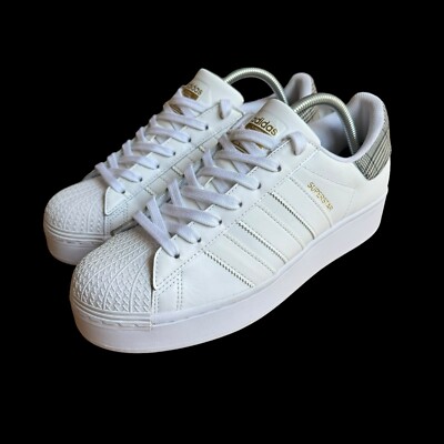 Adidas Women s Superstar Bold Houndstooth Heel Shoe White/White/Gold Size 9.5