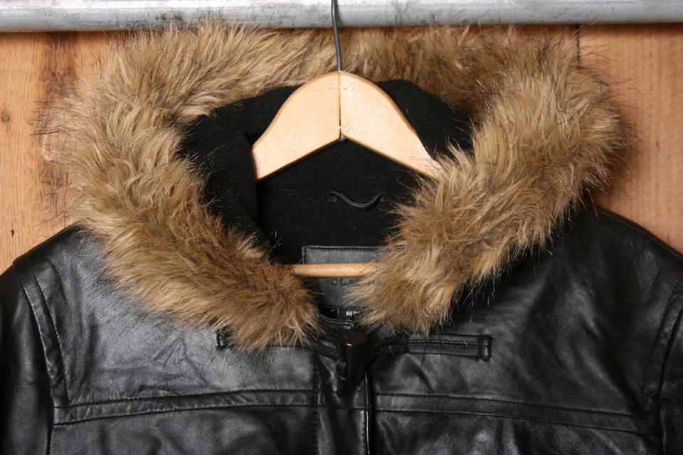 JACLYN SMITH Black Lambskin Leather Fleece Lined Toggle Button Hooded Coat Sz. M Foto 2 de 4