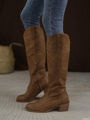 Womens Faus Leather Side Zip knight boots Low Block Heels Knee High Casual Boots