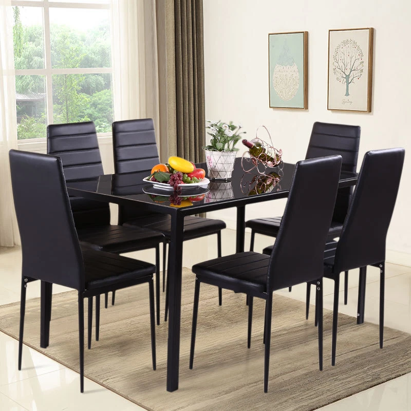 Black Dining Table &Chairs 4/6 Set PU Leather Seat Dining Kitchen Room Furniture - Image 4 of 4