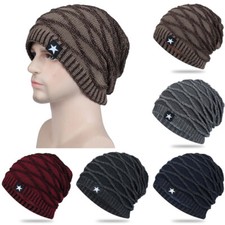 Unisex Slouchy Winter Knitted Hats Add Fur Lined Men Women Warm Beanie Cap Sta 
