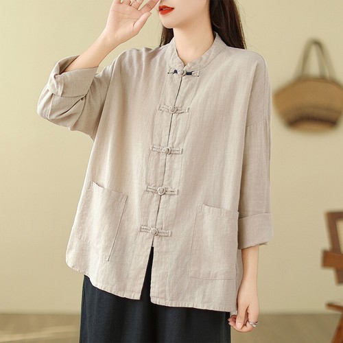 Womens Chinese Style Long Sleeves Cotton Linen Stand Collar Frog Button Shirt