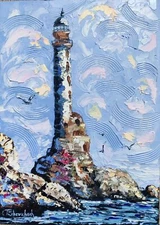 Original Oil Painting Lighthouse Landscape Seascape Sea Hand Painted Art 12x8.5