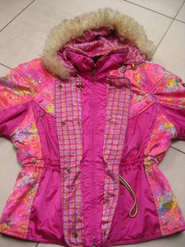 Vintage retro SKI JACKET 8 10 fur pink shiny festival 80s 90s shearling fur trim - Picture 6 of 14