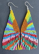 Boho Native Abstract Sunset Tribal Seed Bead Beaded Earrings Fringe Tassel Long