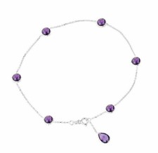 14K White Gold Anklet Bracelet With Amethysts And A Pear Shape Drop 9 Inches