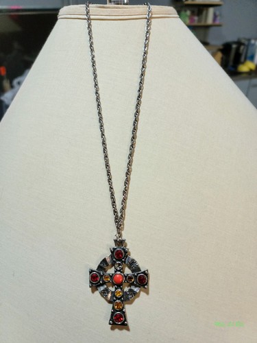 Heavy Gothic Maltese Style Red and Orange Jeweled Cross Pendant Necklace - Picture 2 of 2