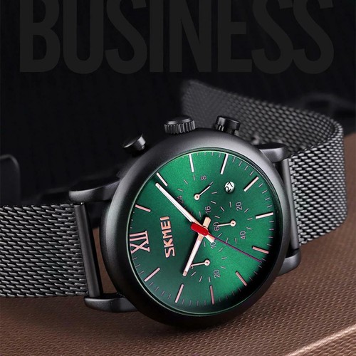 Reloj cronógrafo de cuarzo verde Skmei para hombre malla correa de metal pantalla de fecha SK9203 - Imagen 3 de 8