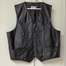 FMC Mens Size 52 Black Leather Sleeveless Snap Front Collared Motorcycle Vest