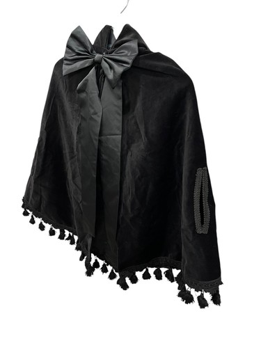 Elebini Girls Size 8 Hooded Velvet Poncho with Tassels & Black Bow Tie Closure - Picture 3 of 9