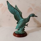 Vintage 9 1/2" Solid Bronze Flying Duck Sculpture W/Wood Base