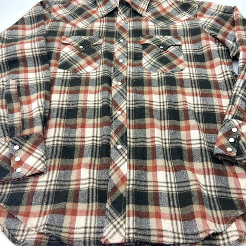 Vintage 70s Miller Western Wear Men 17.5 35 Shirt Brown Plaid Chest Pearl Snap - Picture 3 of 9