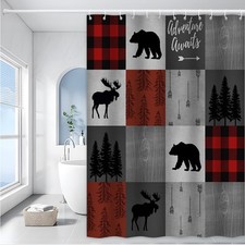 Rustic Lodge Shower Curtain Red Black Plaid Bear Moose Cabin Decor with Hooks