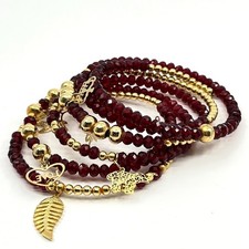Vintage Red Crystal Beaded Stretch Bracelet Stack Gold Tone Charms Love Elephant