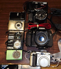 Lot of 9 Digital Cameras Canon EOS 7D 50mm Lens PowerShot G6 Nikon Coolpix Untes