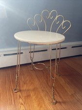 Vintage MCM Vanity Chair Brass Metal Gold Tone W/White Seat Hollywood Regency