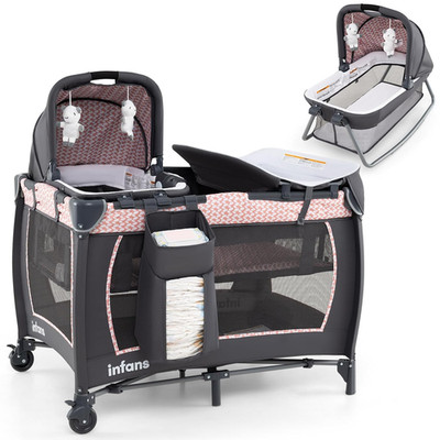 4-in-1 Portable Baby Playard with Bassinet, Diaper Changer & Music Box - Pink