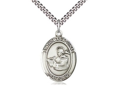 Pewter Saint Thomas Aquinas Oval Medal Pendant Necklace 24'' Chain GiftBox