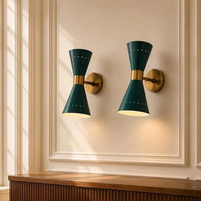 Mid Century Modern Wandleuchte Grün Messing Doppelkegel Leuchte Nordic...