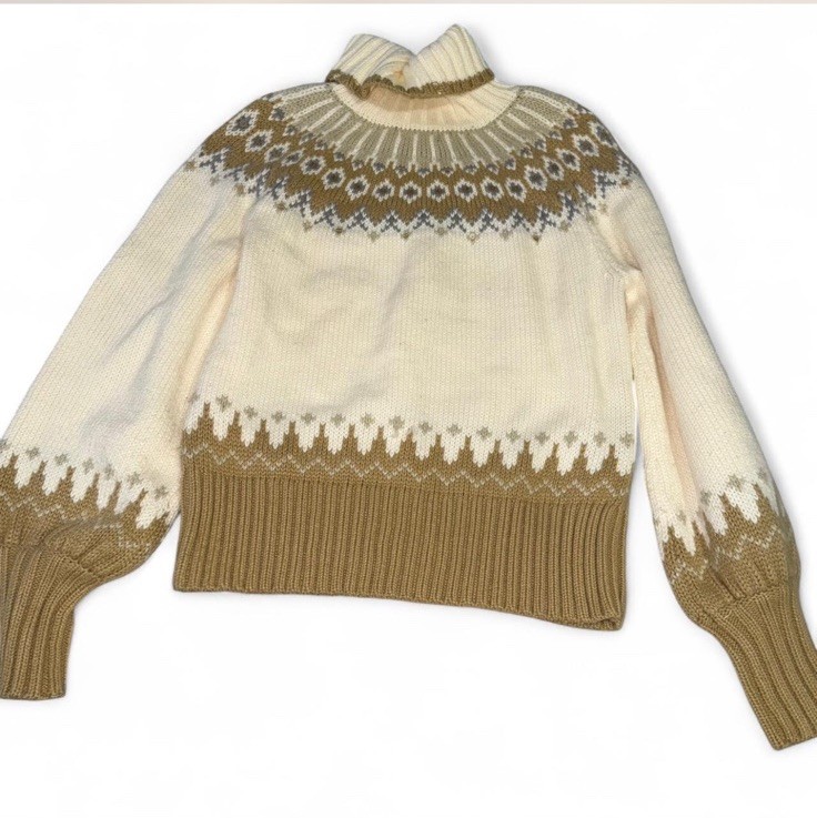 Beige Brown Geometric Patterned Knit Turtleneck P… - image 5