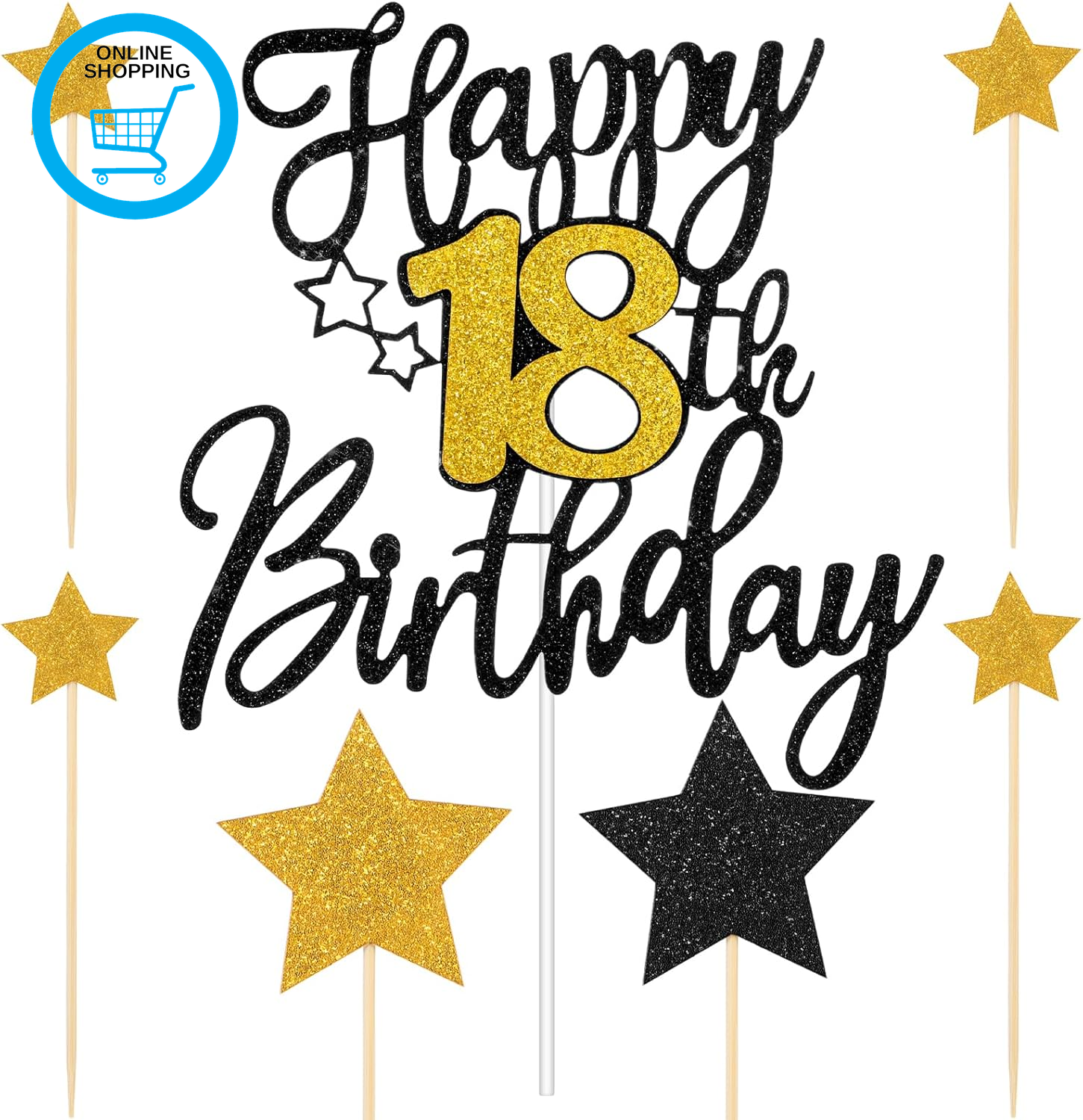 Happy 18Th Birthday Cake Topper Black and Gold 18Th Cake Topper Glitter Cheers t