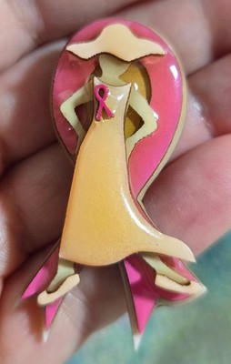 VTG Lucinda Pink Pin Brooch Breast Cancer Ribbon Standing Lady with Hat Labeled