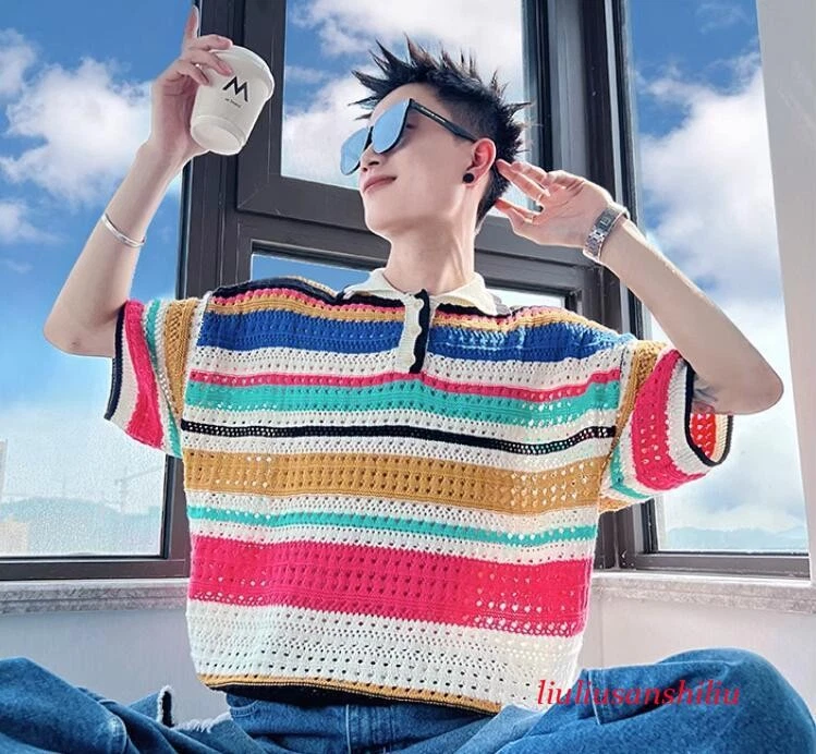 Men's New Fashion Summer Lapel Short Sleeve Loose Rainbow Stripe Kniting T-shirt
Opens in a new wind
