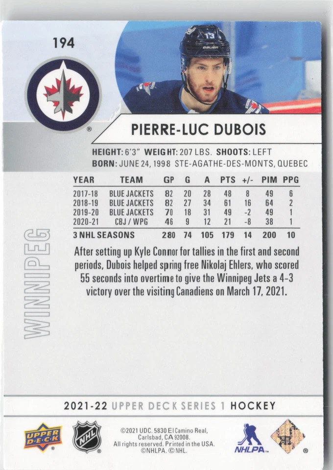 2021-22 Upper Deck #194 Pierre-Luc Dubois - Image 2 of 2