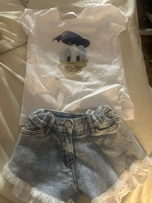 Monnalisa Girls Donald Duck rhinestoned Shirt & Denim Embellished shorts 4T