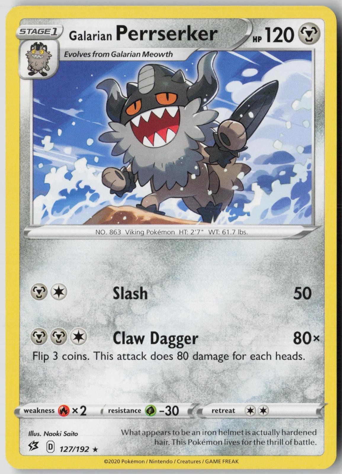 Galarian Perrserker 127/192 Rare Rebel Clash Pokemon Near Mint