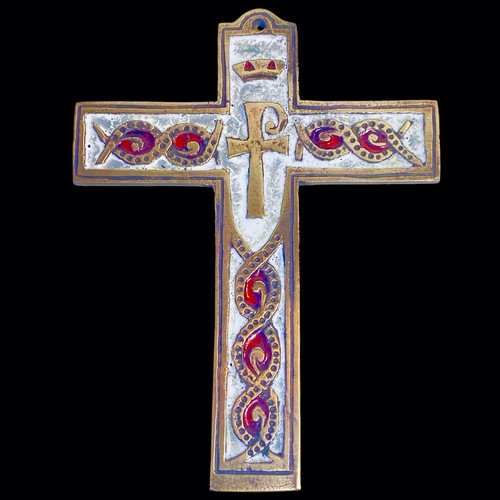 CROIX CRUCIFIX Bronze Emaillé - signé Dominique PIECHAUD art néo médiévale
