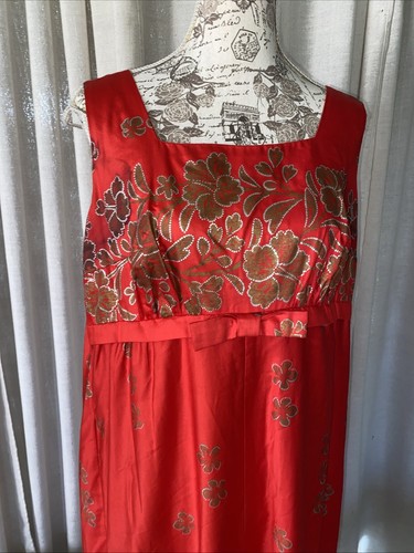 Vintage 60s Elsie Krassas Waikiki Hawaaian Maxi Dress Red Floral Embroidery - Picture 2 of 13