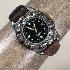 Vintage 1996 GUESS Women Dress Date Brown Leather Quartz Analog 30mm Watch 6"