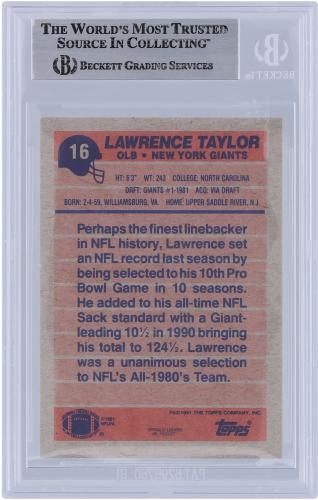 Lawrence Taylor New York Giants Signed 1991 Topps #16 Beckett Fanatics Card - Picture 2 of 2