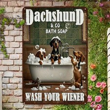 Funny Dachshund Bathroom Tin Metal Signs Home D cor 8x12 'Wash Your Wiener' Vint
