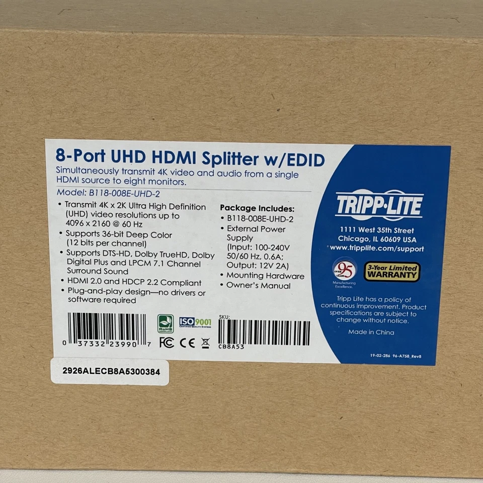 Tripp Lite 8-Port UHD HDMI Splitter - 4K @ 60 Hz, HDCP 2.2, EDID Management - Image 2 of 4