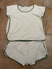 Lake Women’s Prima Cotton Green Yellow Stripe Short Set Pajamas Medium