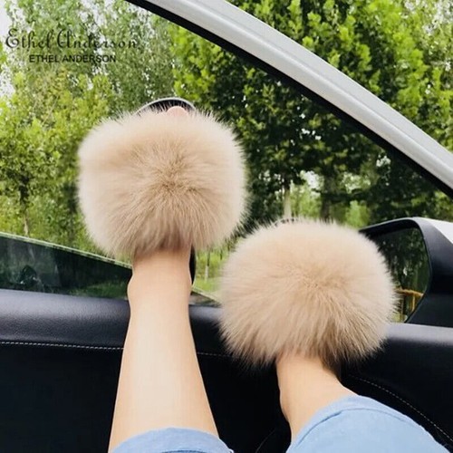 Real Farm Fox Fur Furry Slippers Fluffy Fuzzy Slides Plush Women Style Pretty - Picture 6 of 42