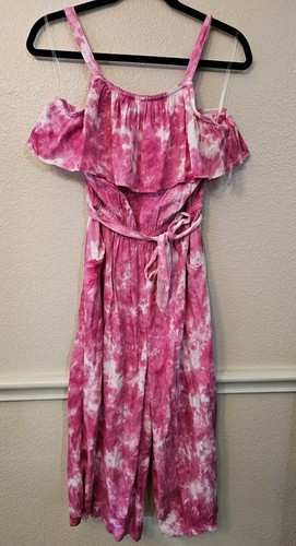 Girls Justice Flounce Top Jumpsuit Gaucho With Pockets Pink Tie Dye Sz XL 16/18 - Picture 2 of 8