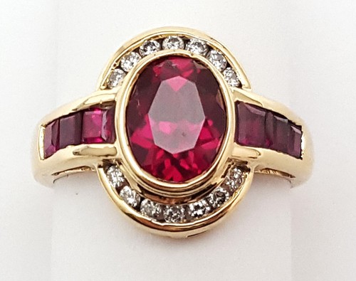 Unique 14K Karat Solid Yellow Gold Designer Synthetic Ruby & Round Diamond Ring - Picture 6 of 19