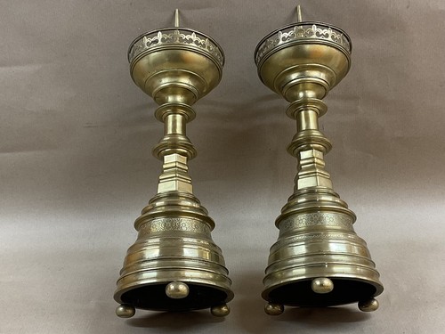 Pair Of Antique Arts And Crafts Movement Church Brass Candlesticks 46cm C1880 - Picture 5 of 10
