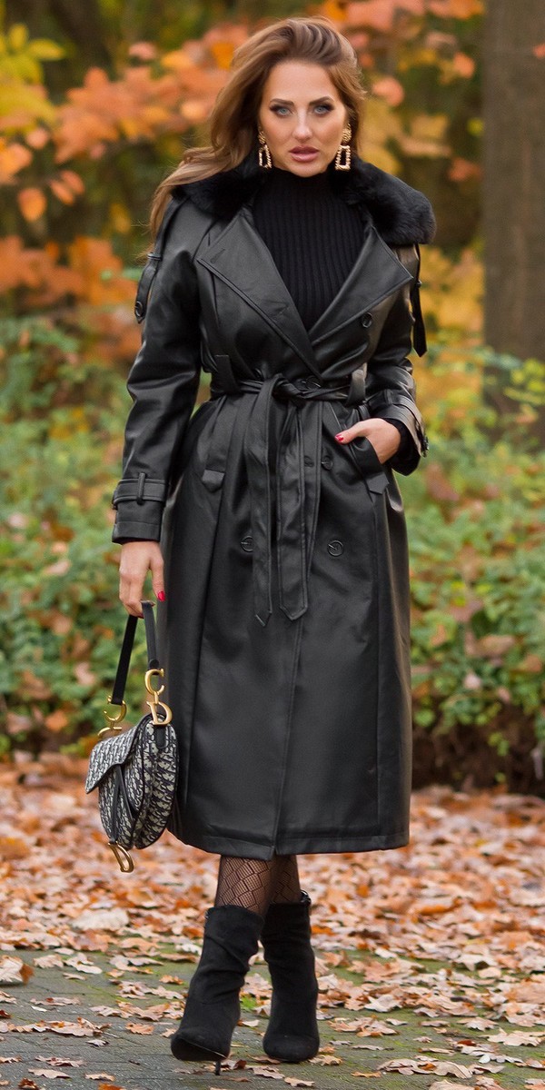 Damen-Mantel Trenchcoat aus Kunstleder mit Gürtel Schwarz #J1268