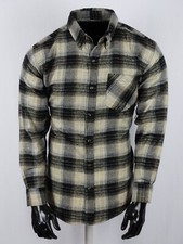 Men's Flannel Plaid Shirt Lt Khaki Black Single Pocket Long Sleeve Button Up