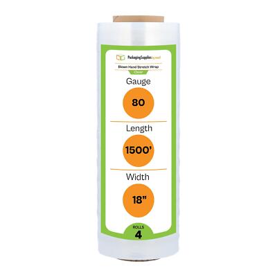 Blown Stretch Film Wrap 18'' x 1500' x 80 Gauge Clear Hand Bundling 4 Rolls