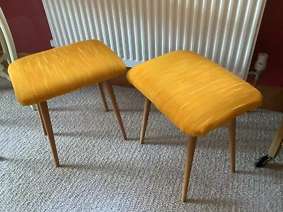 Buy True Vintage Mid Century Pair Of Wooden Stools With  Orange Fabric Seats