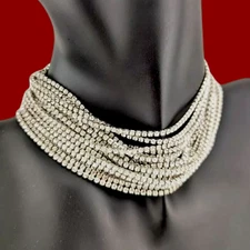 20-strand CLEAR RHINESTONE CRYSTAL CHOKER silver-tone tiered necklace collar O6