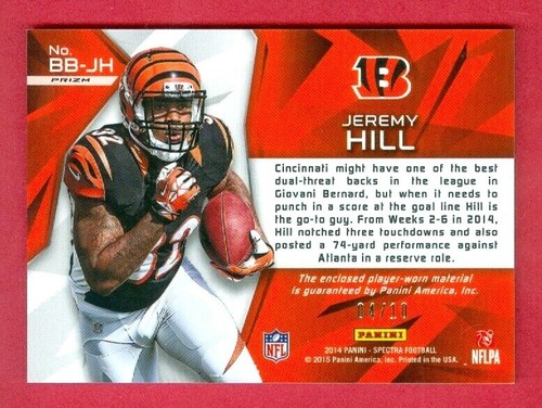 2014 SPECTRA (FB) Jeremy Hill SSP BUILDING BLOCKS PATCH RC RED REF CARD #d04/10 - Picture 2 of 2