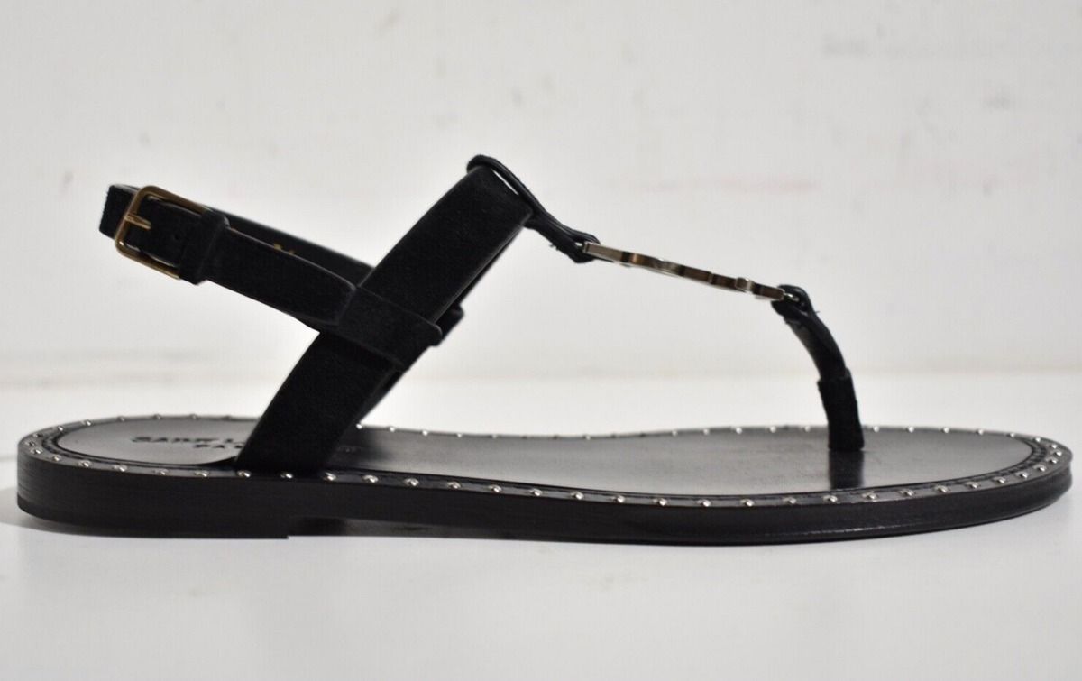 Saint Laurent YSL Logo Iota 05 Black Suede Studded Thong Slide