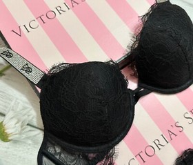 Victoria's Secret VS Shine Strap Push-Up Bra Thong Set Black Lace