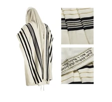 100% Wool Men Tallit Kosher Prayer Shawl, Black/Gold Strips 51 x 71 Inch